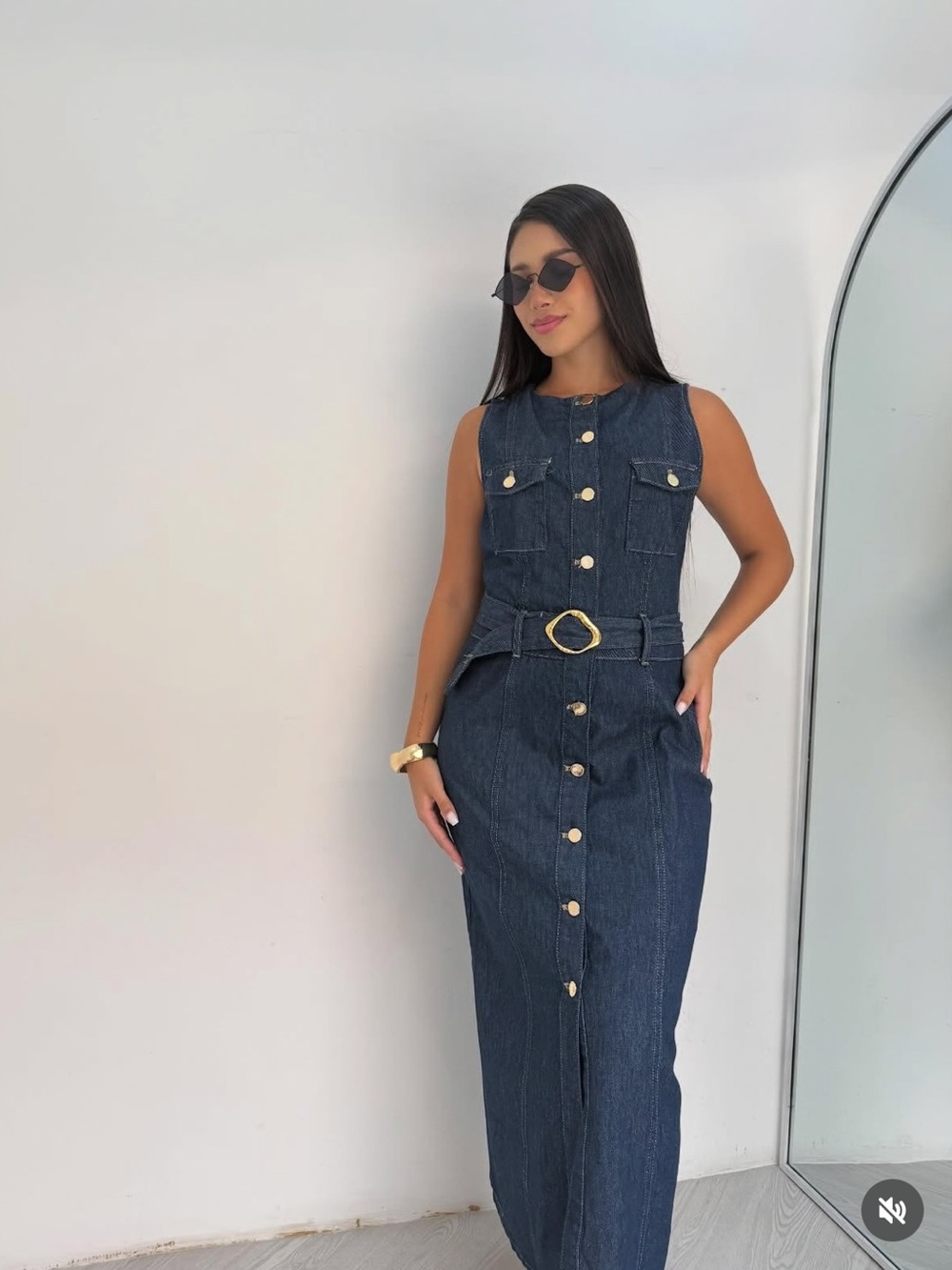 Zara Dark Indigo Denim Midi Dress with Gold Ring Belt - Picture 3 of 6
